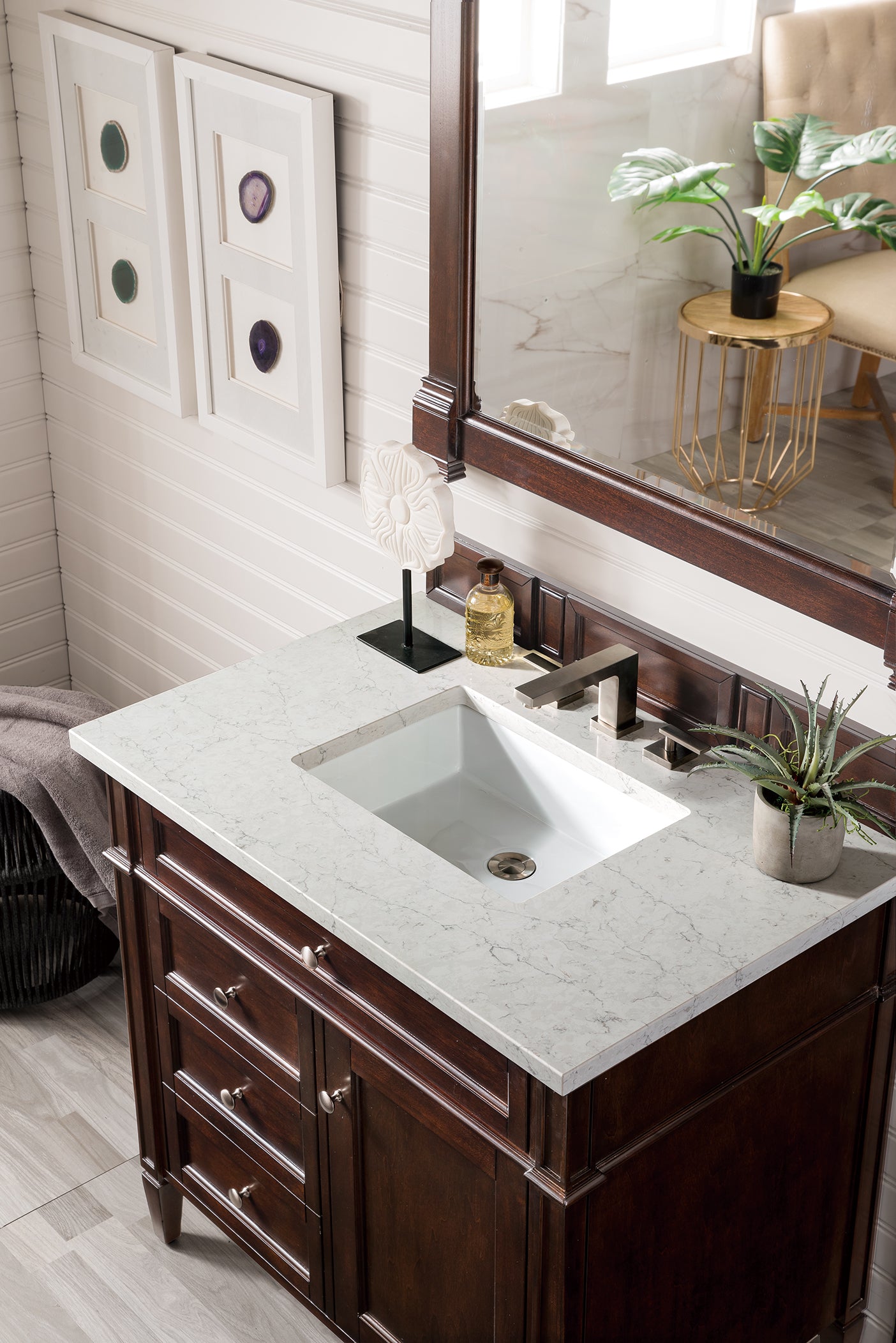 Brittany 36" Burnished Mahogany Single Vanity w/ 3 CM Eternal Jasmine Pearl Quartz Top James Martin Vanities