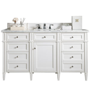 Brittany 60" Bright White Single Vanity w/ 3 CM Carrara Marble Top James Martin Vanities