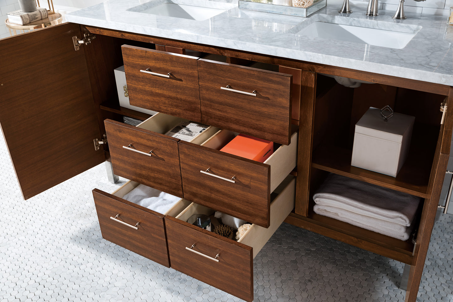 Metropolitan 60" American Walnut Double Vanity w/ 3 CM Carrara Marble Top James Martin Vanities