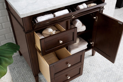 Brittany 36" Burnished Mahogany Single Vanity w/ 3 CM Carrara Marble Top James Martin Vanities