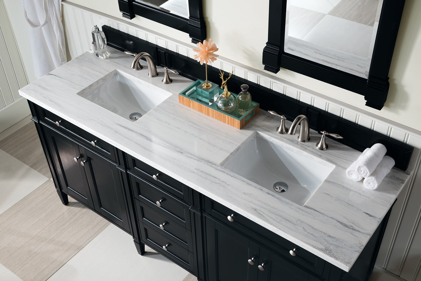 Brittany 72" Black Onyx Double Vanity w/ 3 CM Arctic Fall Solid Surface Top James Martin Vanities