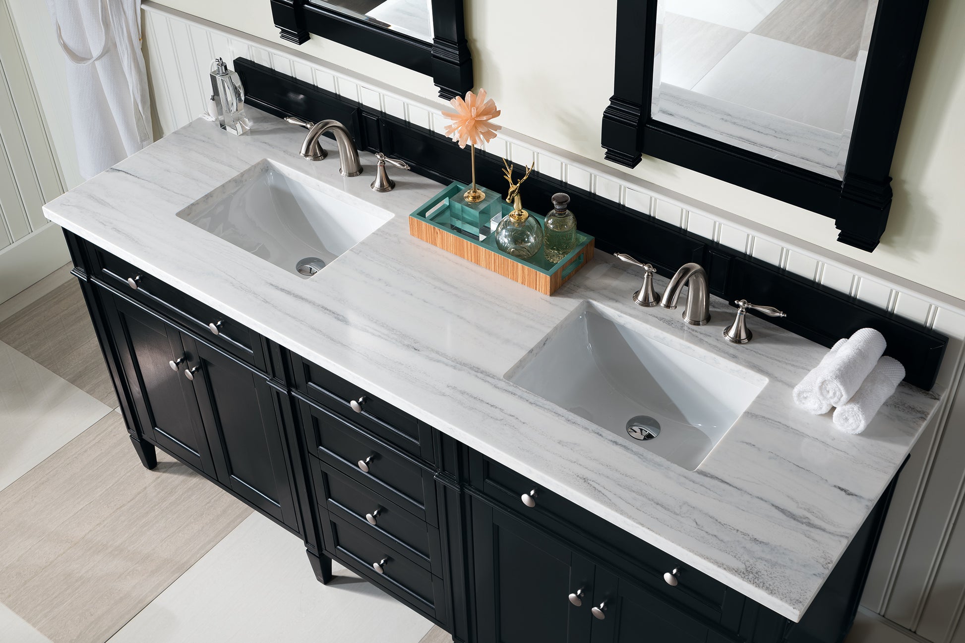 Brittany 72" Black Onyx Double Vanity w/ 3 CM Arctic Fall Solid Surface Top James Martin Vanities
