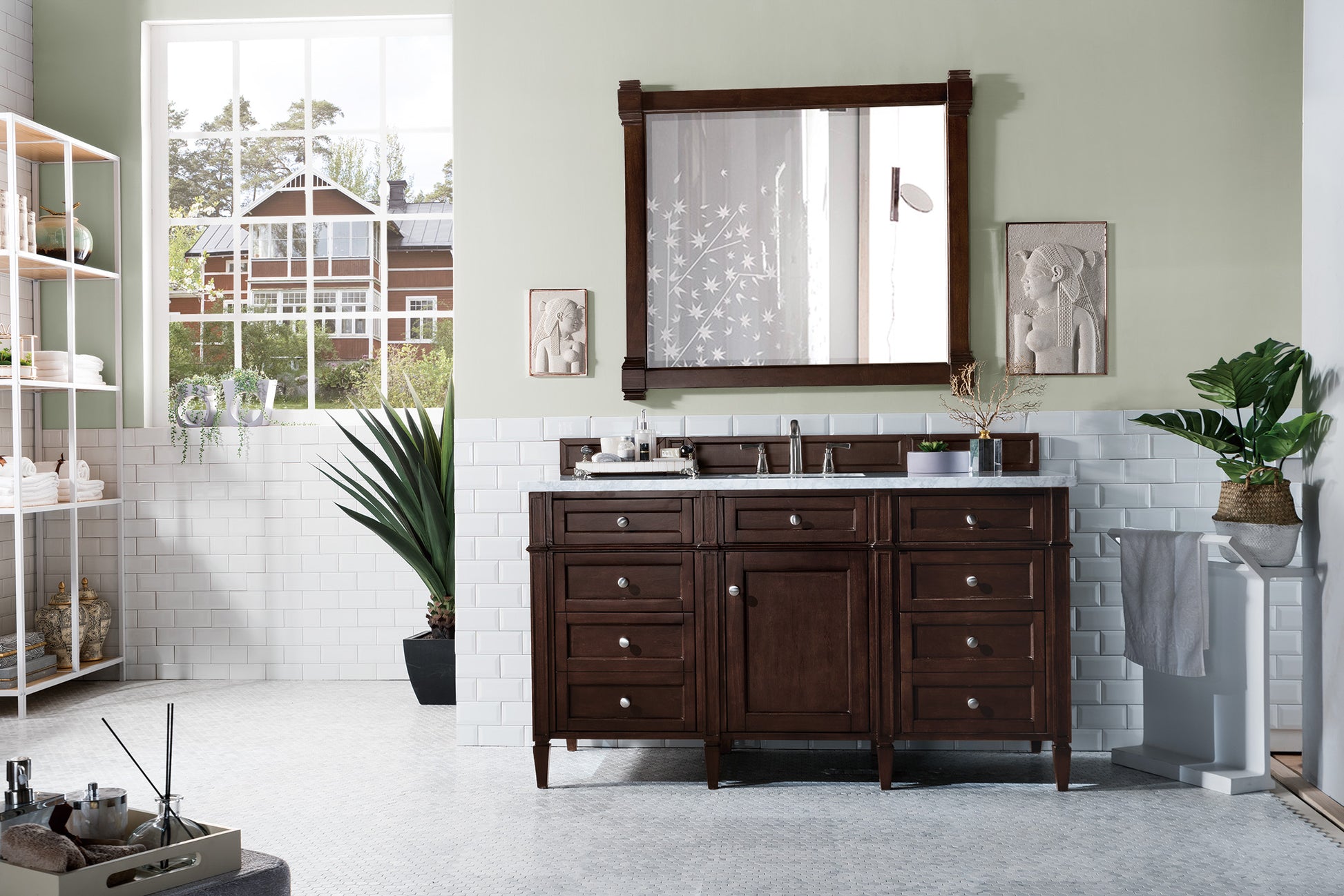 Brittany 60" Burnished Mahogany Single Vanity w/ 3 CM Carrara Marble Top James Martin Vanities