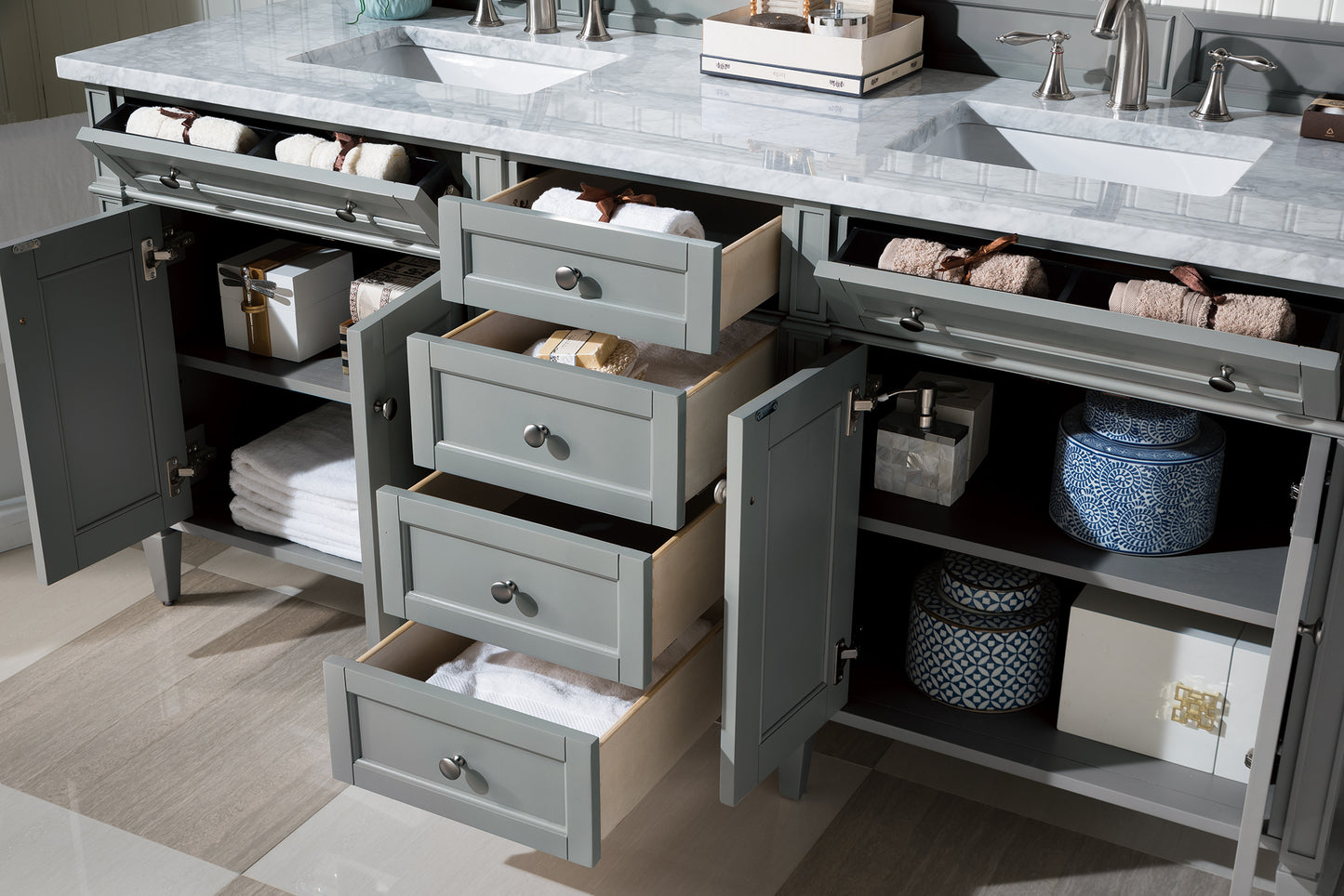 Brittany 72" Urban Gray Double Vanity w/ 3 CM Carrara Marble Top James Martin Vanities