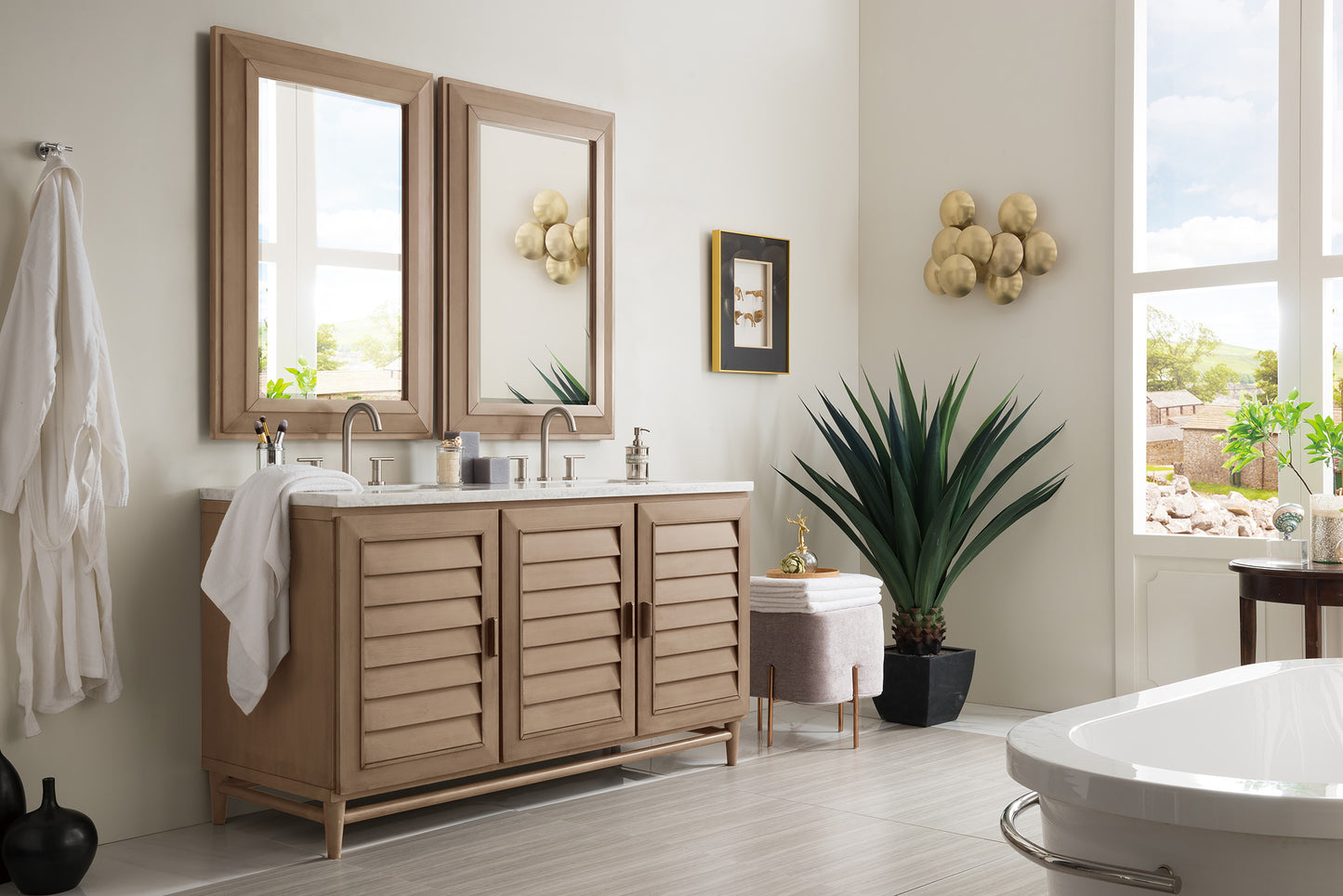 Portland 60" Double Vanity Whitewashed Walnut w/ 3 CM Arctic Fall Solid Surface Top James Martin Vanities