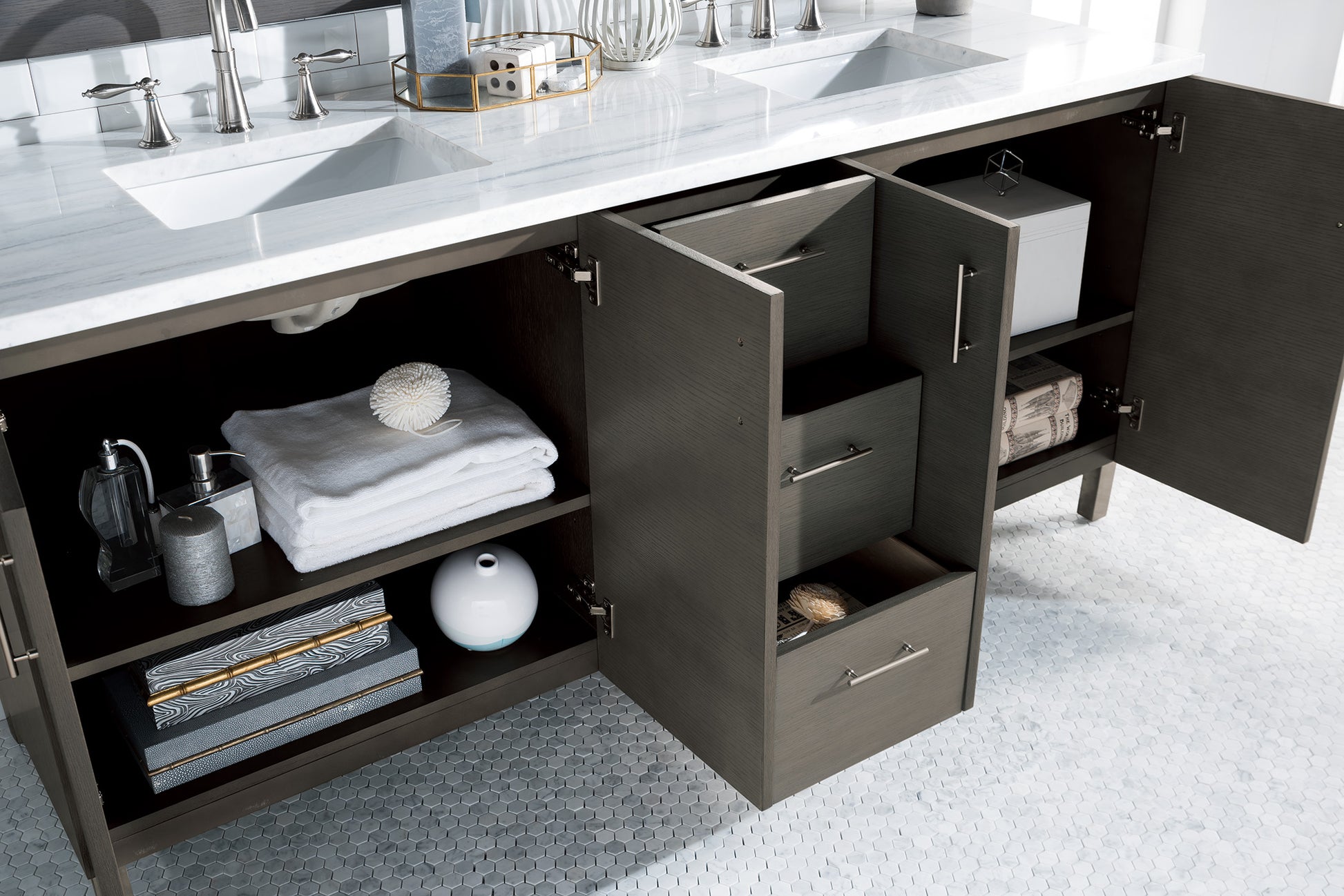Metropolitan 72" Silver Oak Double Vanity w/ 3 CM Arctic Fall Solid Surface Top James Martin Vanities