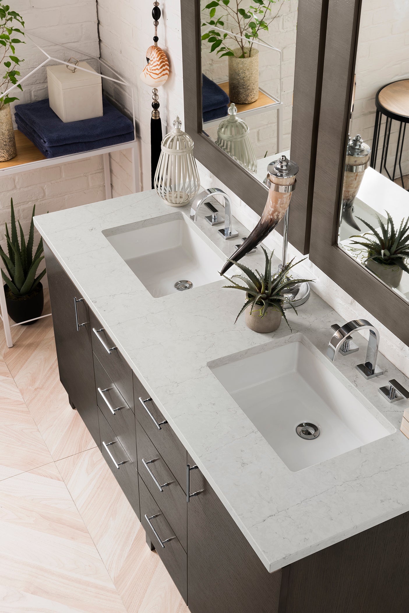 Metropolitan 60" Double Vanity, Silver Oak, w/ 3 CM Eternal Jasmine Pearl Quartz Top James Martin Vanities