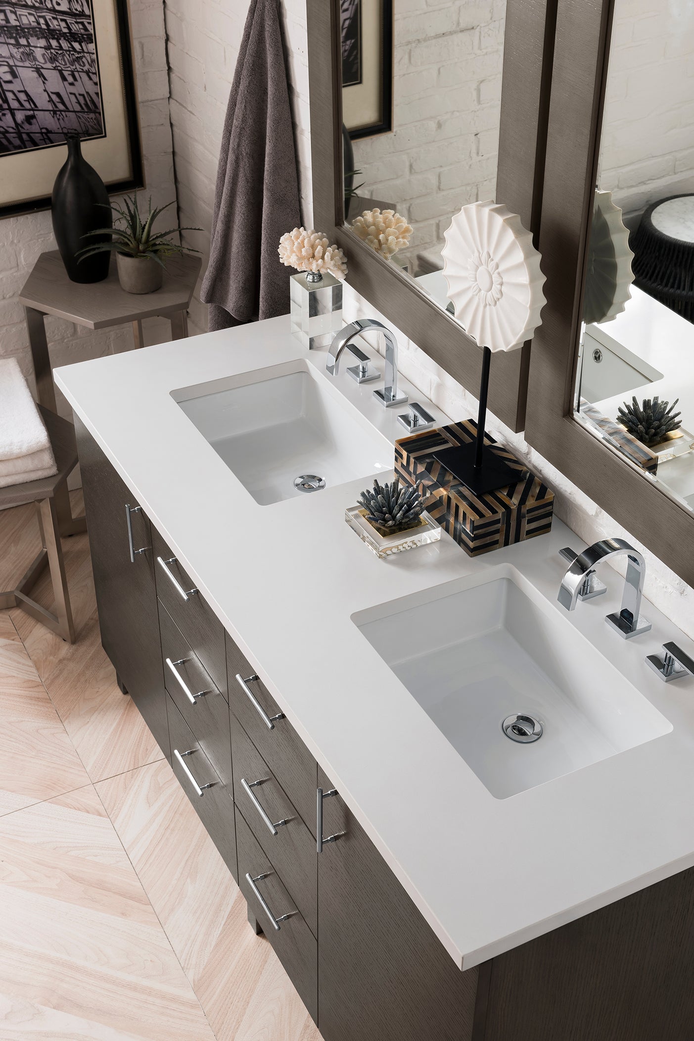 Metropolitan 60" Double Vanity, Silver Oak, w/ 3 CM White Zeus Quartz Top James Martin Vanities