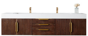 Mercer Island 72" Double Vanity, Coffee Oak, Radiant Gold w/ Glossy White Composite Top James Martin Vanities