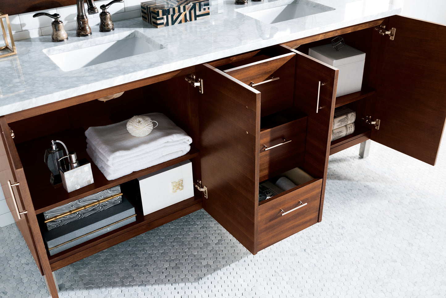 Metropolitan 72" American Walnut Double Vanity w/ 3 CM Carrara Marble Top James Martin Vanities