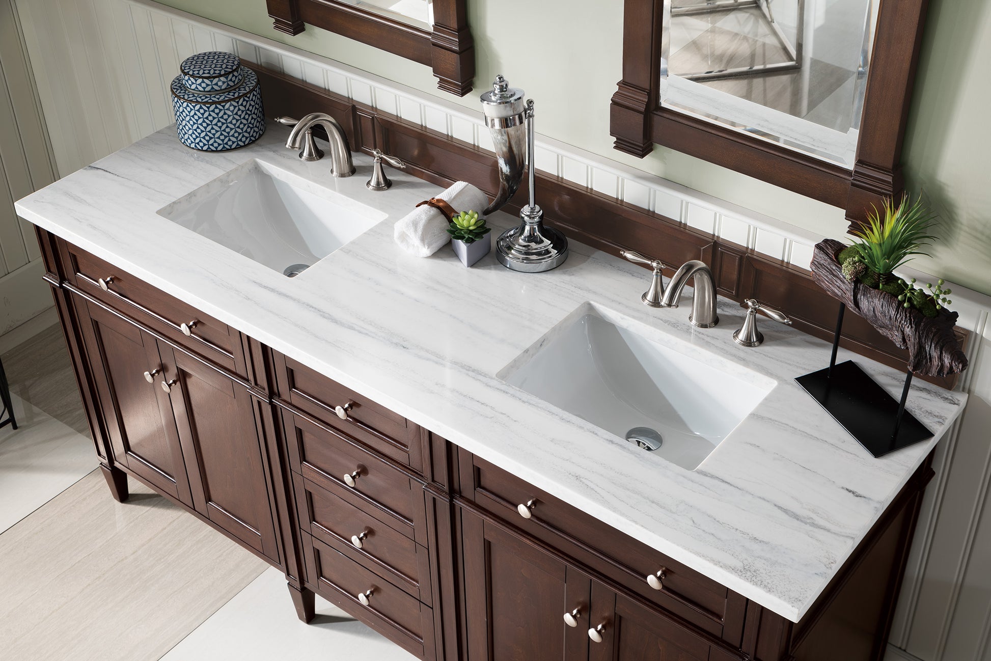 Brittany 72" Burnished Mahogany Double Vanity w/ 3 CM Arctic Fall Solid Surface Top James Martin Vanities