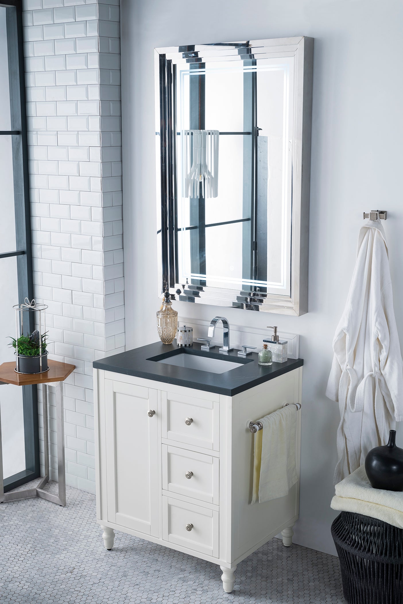 Copper Cove Encore 30" Single Vanity, Bright White w/ 3 CM Charcoal Soapstone Quartz Top James Martin Vanities