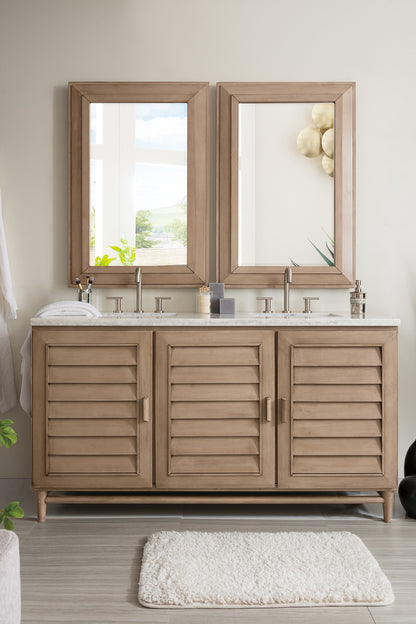 Portland 60" Double Vanity Whitewashed Walnut w/ 3 CM Arctic Fall Solid Surface Top James Martin Vanities