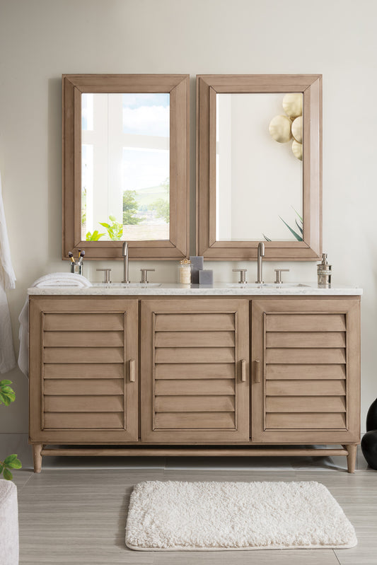 Portland 60" Double Vanity Whitewashed Walnut w/ 3 CM Arctic Fall Solid Surface Top James Martin Vanities