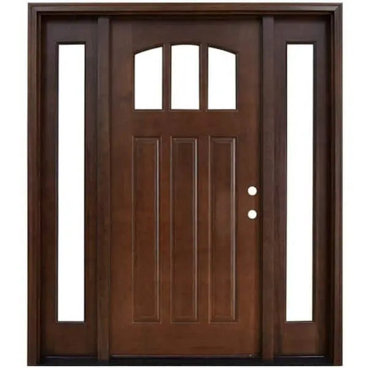 Steves & Sons 60 in. x 80 in. Craftsman 3 Lite Arch Stained Mahogany Wood Prehung Front Door with Sidelites, Brown Steves & Sons