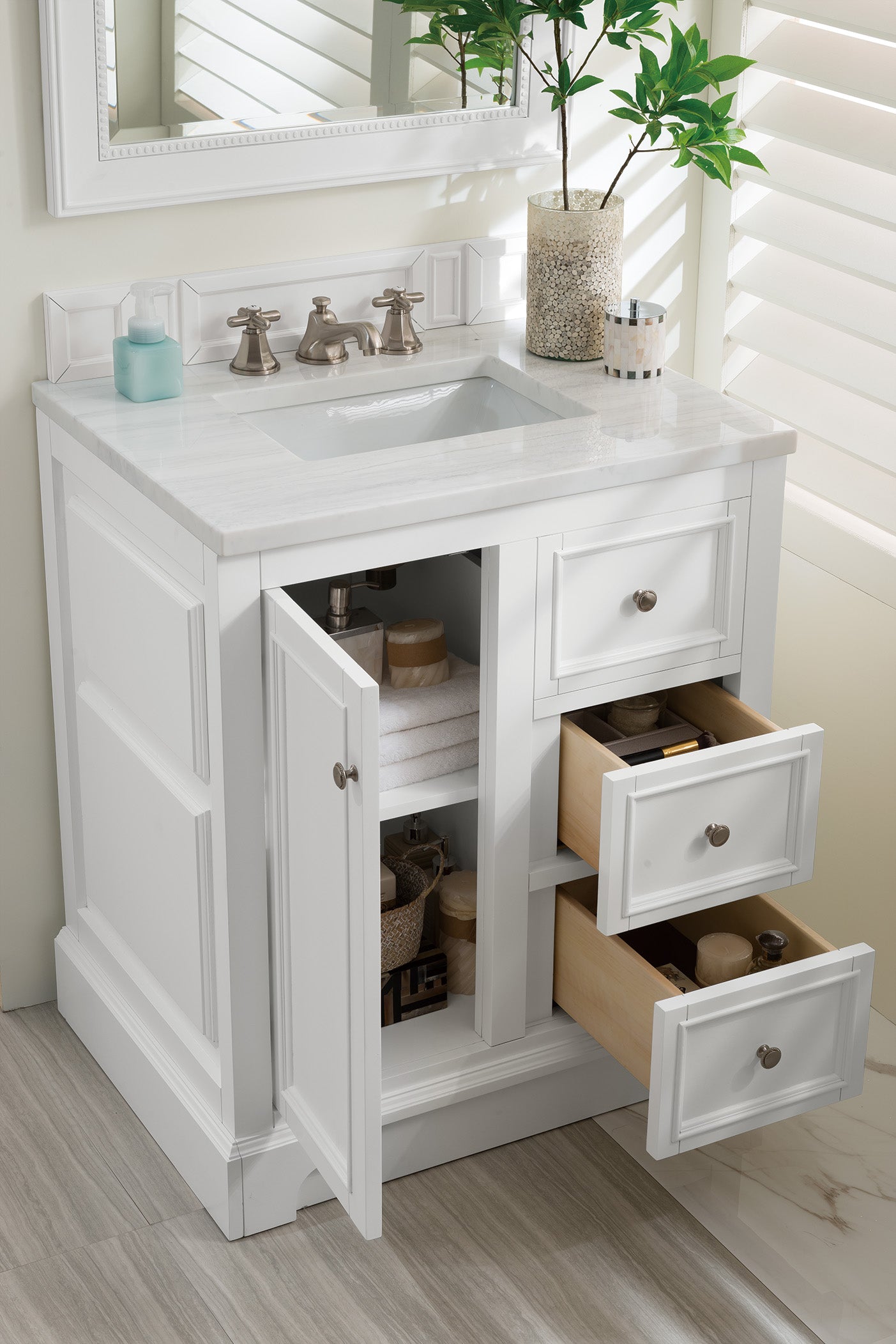 De Soto 30" Single Vanity, Bright White w/ 3 CM Arctic Fall Solid Surface Top James Martin Vanities