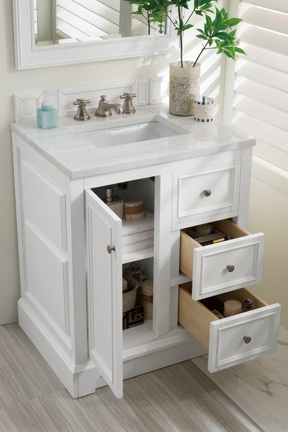 De Soto 30" Single Vanity, Bright White w/ 3 CM Arctic Fall Solid Surface Top James Martin Vanities