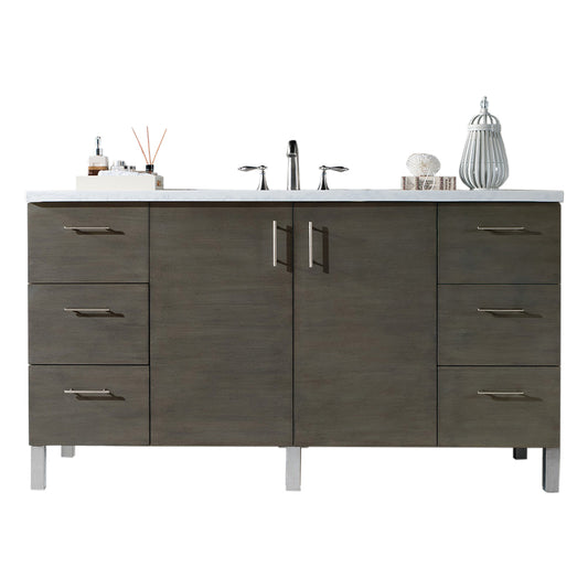 Metropolitan 60" Silver Oak Single Vanity w/ 3 CM Arctic Fall Solid Surface Top James Martin Vanities