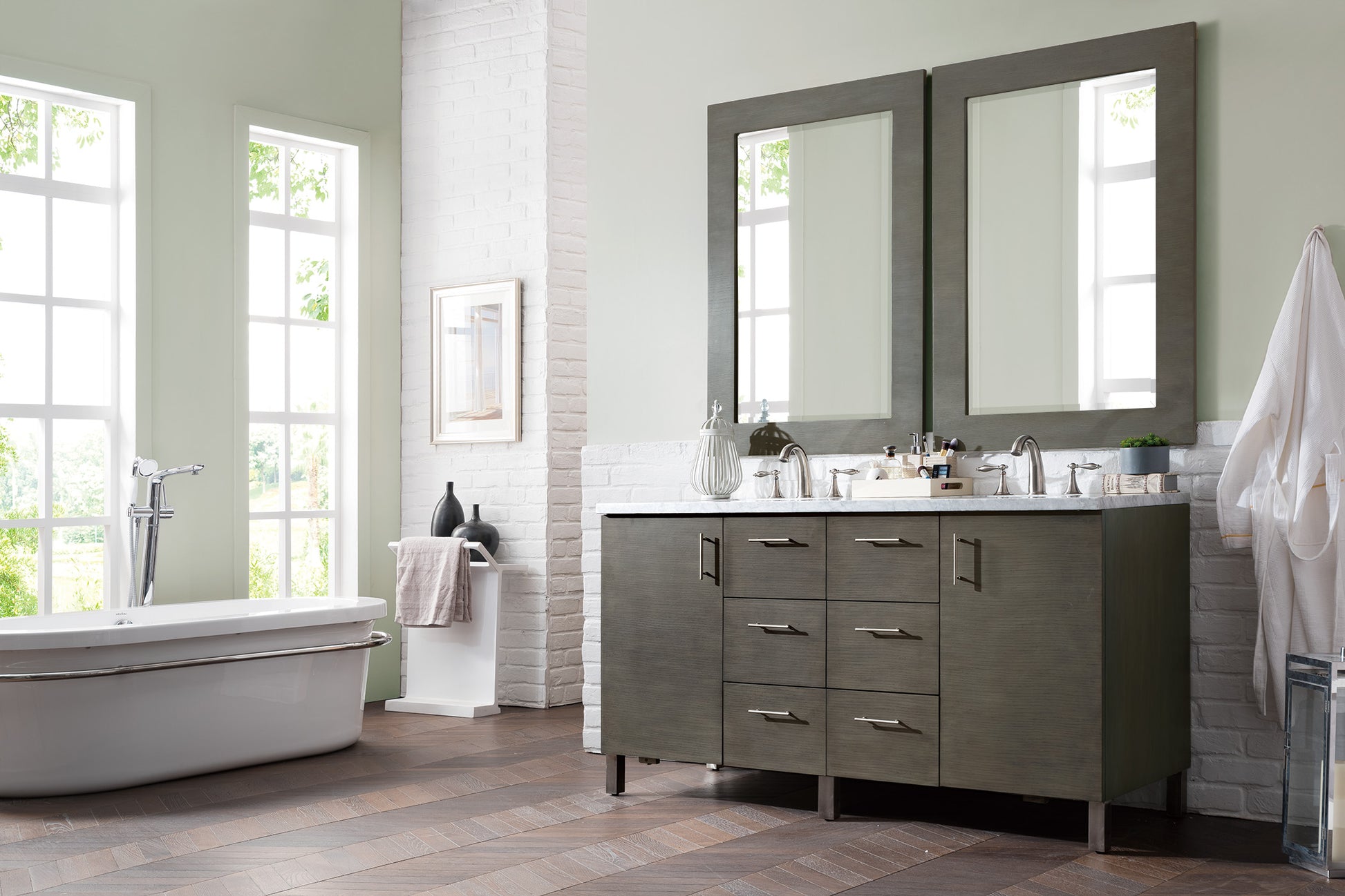 Metropolitan 60" Silver Oak Double Vanity w/ 3 CM Carrara Marble Top James Martin Vanities
