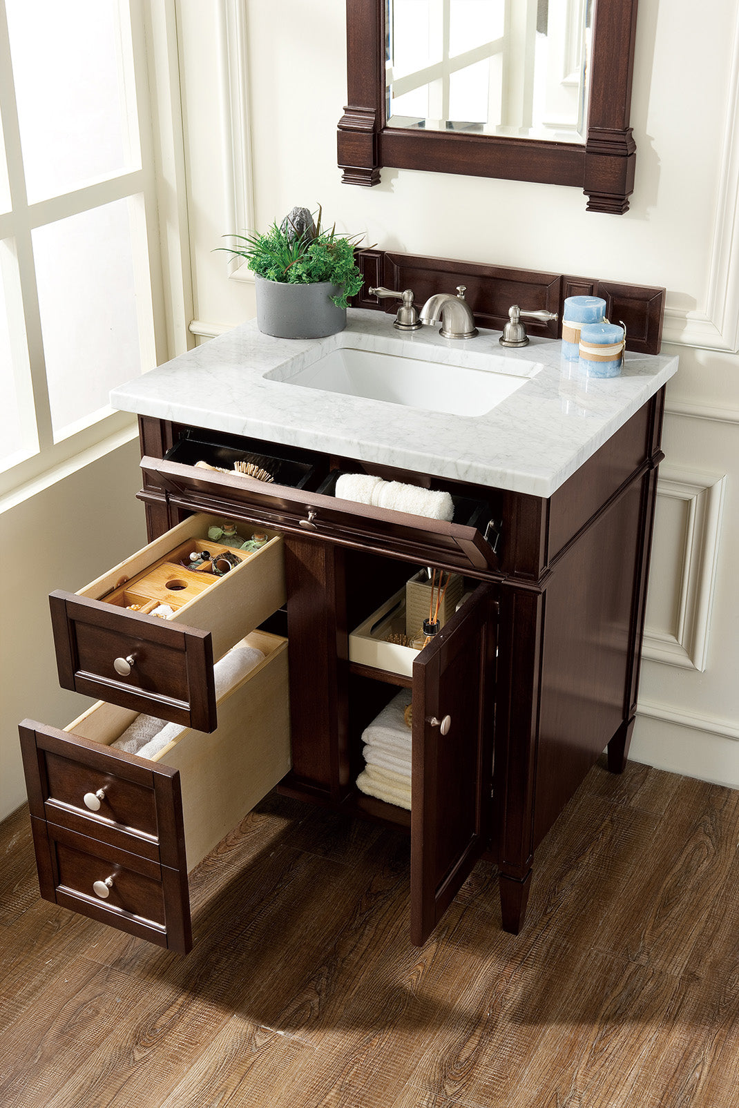 Brittany 30" Single Vanity, Burnished Mahogany w/ 3 CM Carrara Marble Top James Martin Vanities