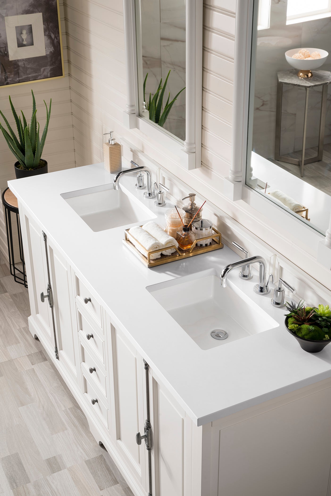 Providence 72" Double Vanity Cabinet, Bright White, w/ 3 CM Classic White Quartz Top James Martin