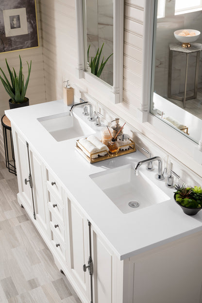 Providence 72" Double Vanity Cabinet, Bright White, w/ 3 CM Classic White Quartz Top James Martin