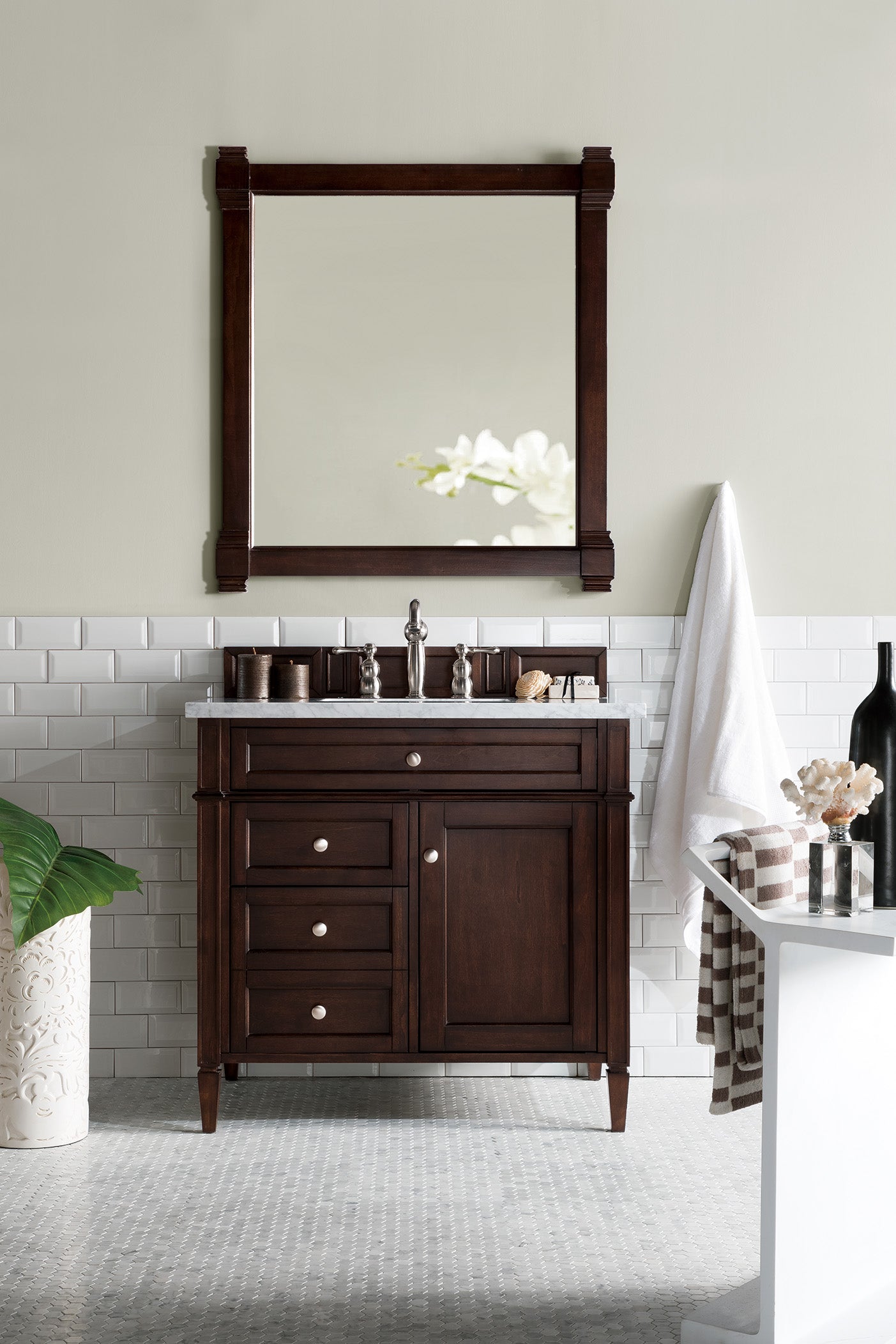 Brittany 36" Burnished Mahogany Single Vanity w/ 3 CM Carrara Marble Top James Martin Vanities
