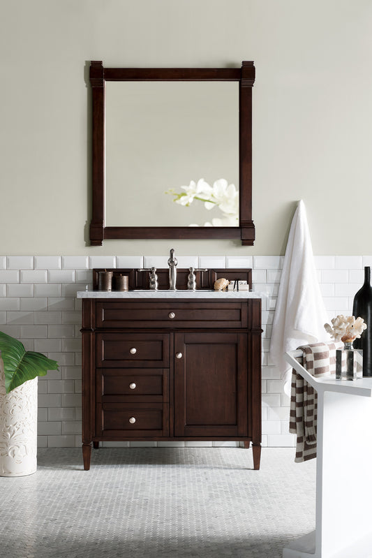 Brittany 36" Burnished Mahogany Single Vanity w/ 3 CM Carrara Marble Top James Martin Vanities