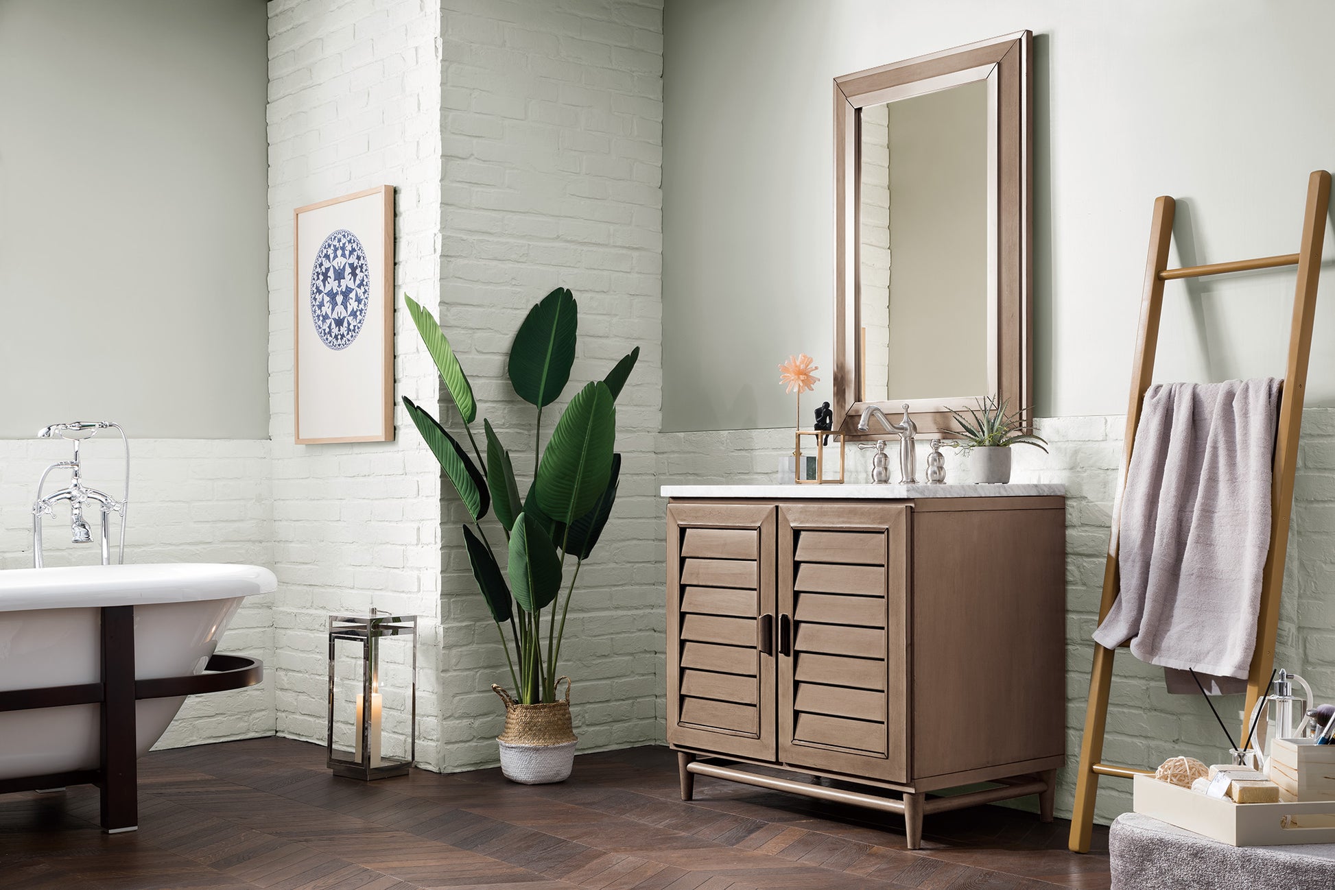 Portland 36" Single Vanity Whitewashed Walnut w/ 3 CM Carrara Marble Top James Martin Vanities