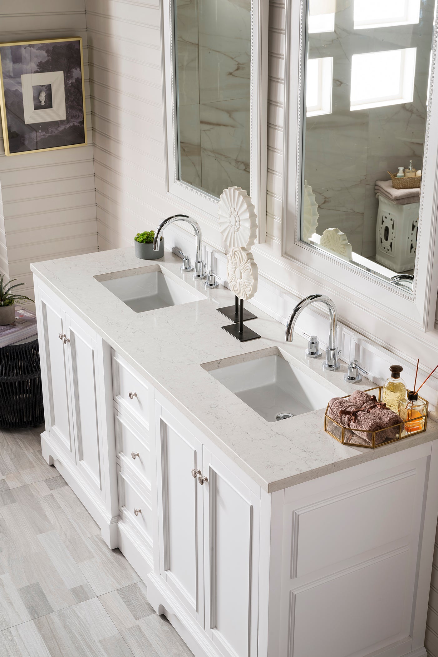 De Soto 72" Double Vanity, Bright White w/ 3 CM Eternal Jasmine Pearl Quartz Top James Martin Vanities