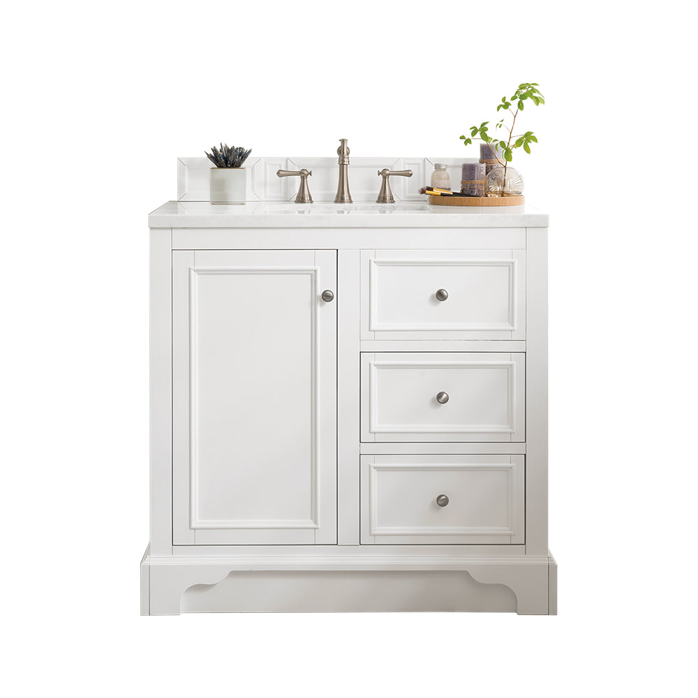 De Soto 36" Single Vanity, Bright White w/ 3 CM Eternal Jasmine Pearl Quartz Top James Martin Vanities