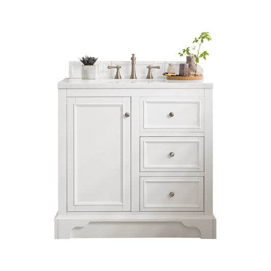 De Soto 36" Single Vanity, Bright White w/ 3 CM Eternal Jasmine Pearl Quartz Top James Martin Vanities