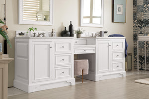 De Soto 94" Double Vanity Set, Bright White w/ Makeup Table, 3 CM White Zeus Quartz Top James Martin Vanities