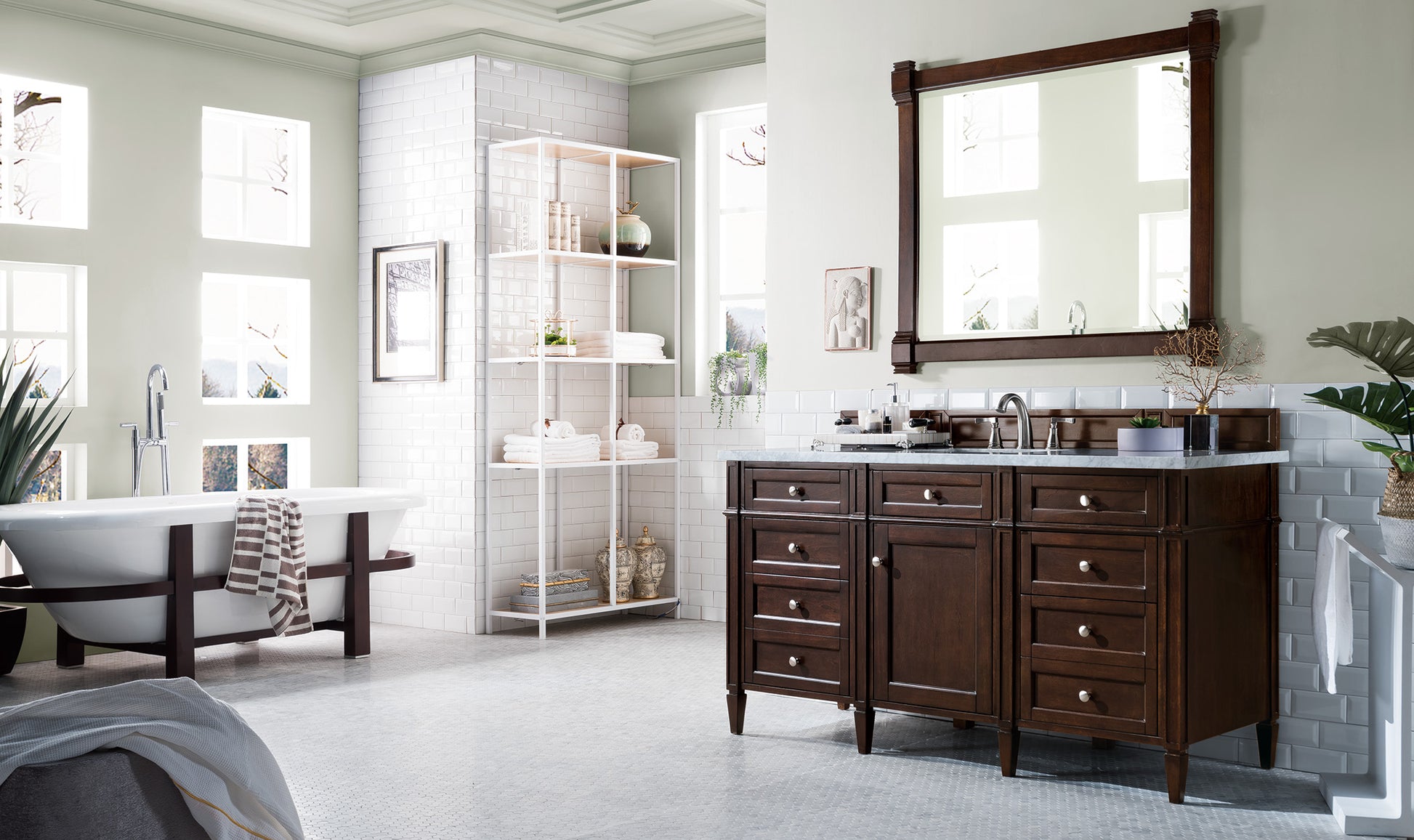 Brittany 60" Burnished Mahogany Single Vanity w/ 3 CM Carrara Marble Top James Martin Vanities