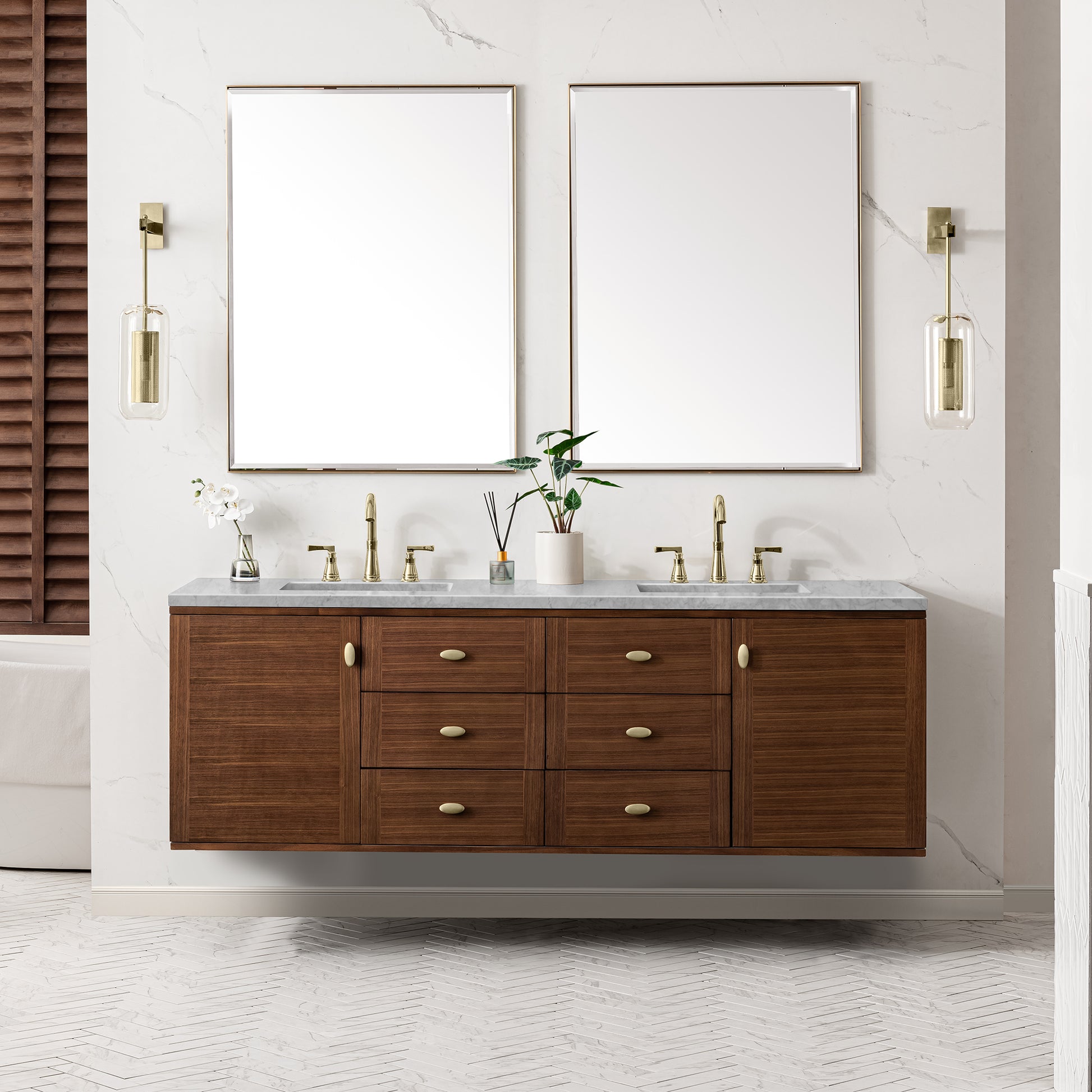 Amberly 72" Double Vanity, Mid-Century Walnut w/ 3CM Carrara Marble Top James Martin Vanities