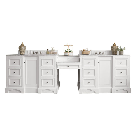 De Soto 118" Double Vanity Set, Bright White w/ Makeup Table, 3 CM Carrara Marble Top James Martin Vanities