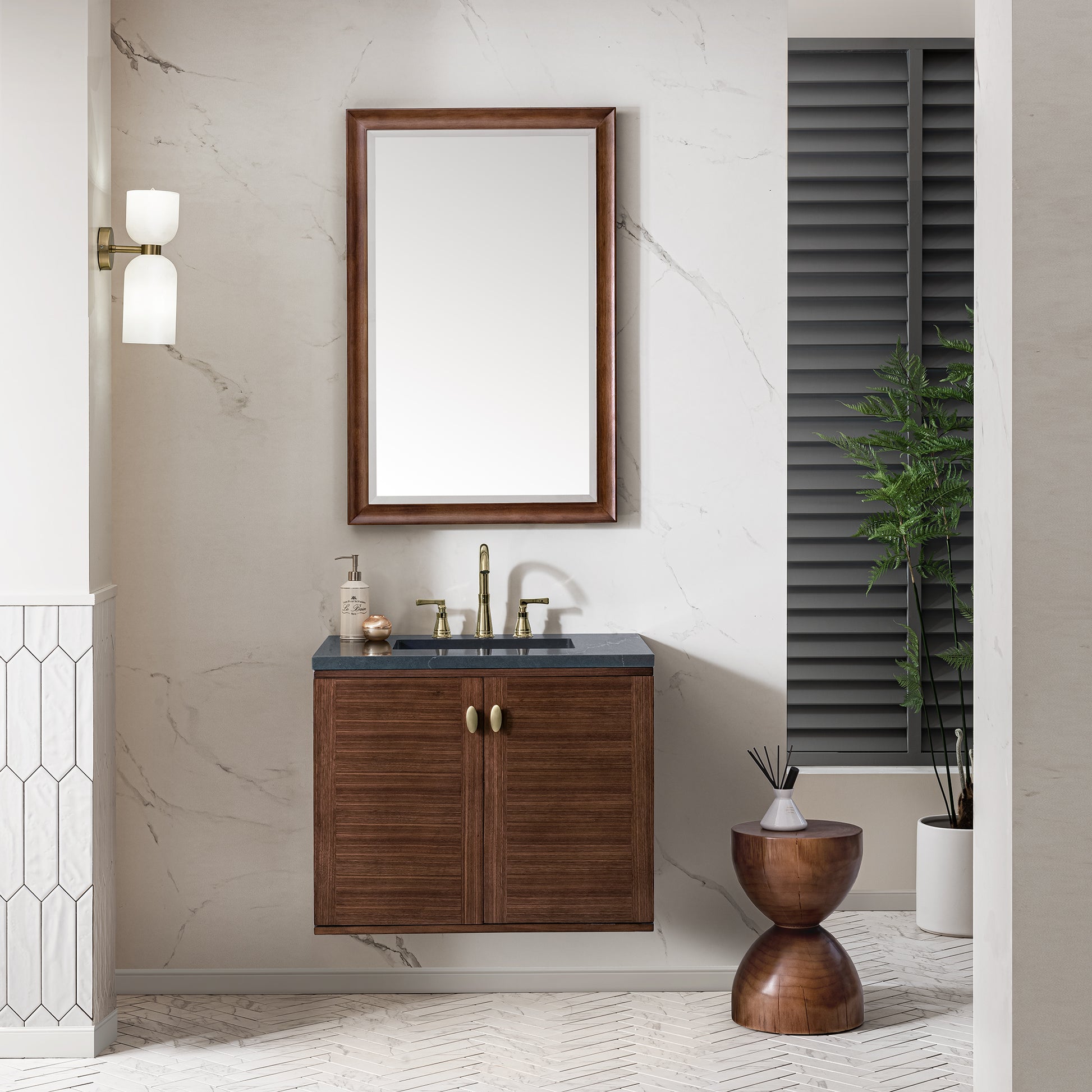 Amberly 30" Single Vanity, Mid-Century Walnut w/ 3CM Charcoal Soapstone Top James Martin Vanities