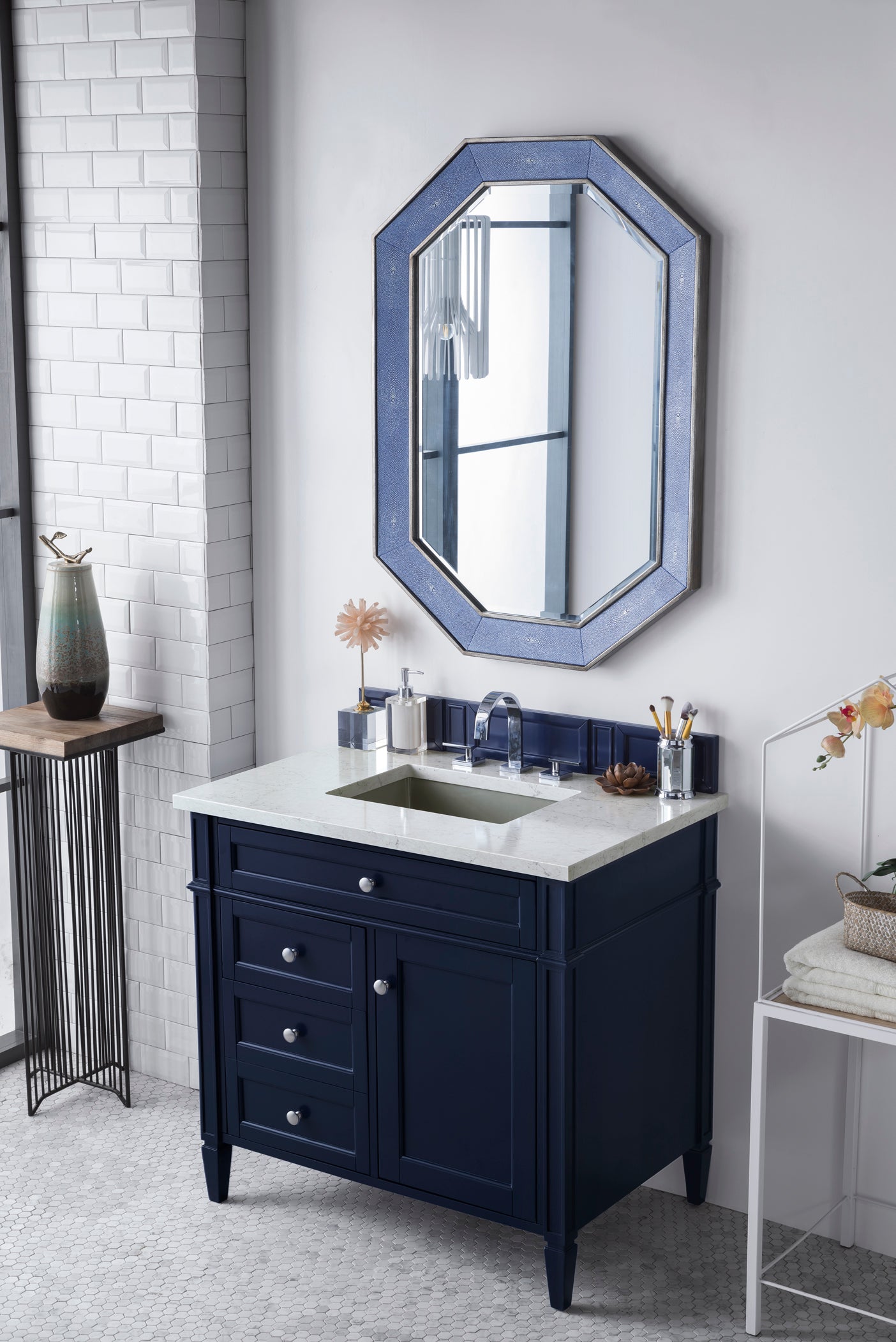 Brittany 36" Victory Blue Single Vanity w/ 3 CM Eternal Jasmine Pearl Quartz Top James Martin Vanities