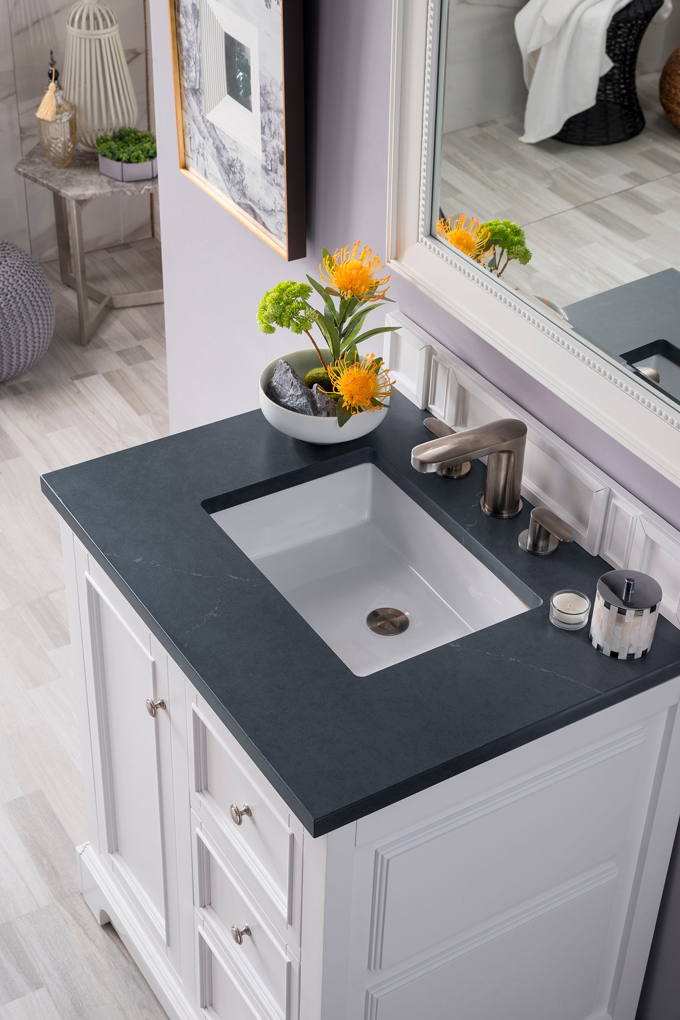 De Soto 30" Single Vanity, Bright White w/ 3 CM Charcoal Soapstone Quartz Top James Martin Vanities