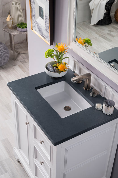 De Soto 30" Single Vanity, Bright White w/ 3 CM Charcoal Soapstone Quartz Top James Martin Vanities