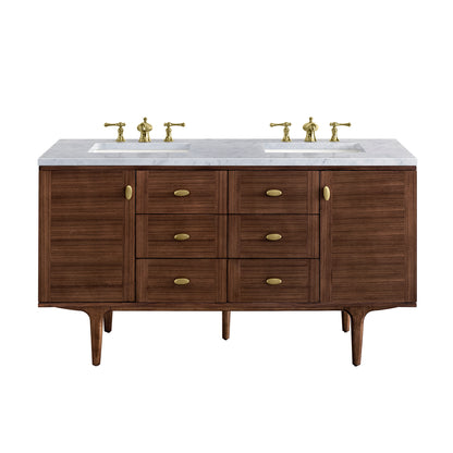 Amberly 60" Double Vanity, Mid-Century Walnut w/ 3CM Carrara Marble Top James Martin Vanities