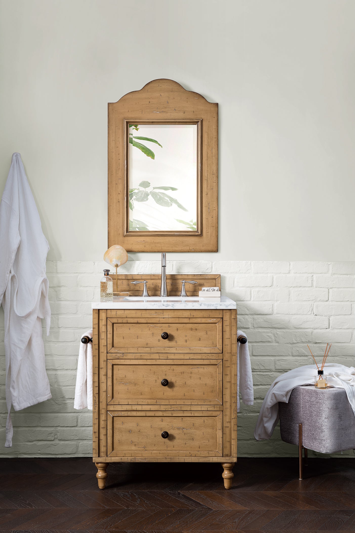 Copper Cove 26" Driftwood Patina Single Vanity w/ 3 CM Arctic Fall Solid Surface Top James Martin