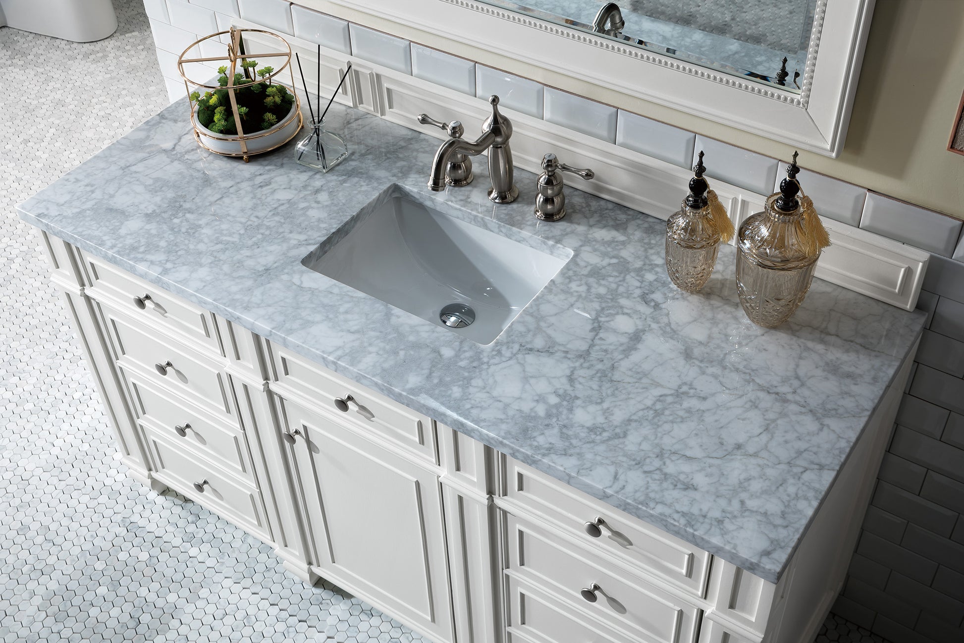 Bristol 60" Single Vanity, Bright White, w/ 3 CM Carrara Marble Top James Martin Vanities
