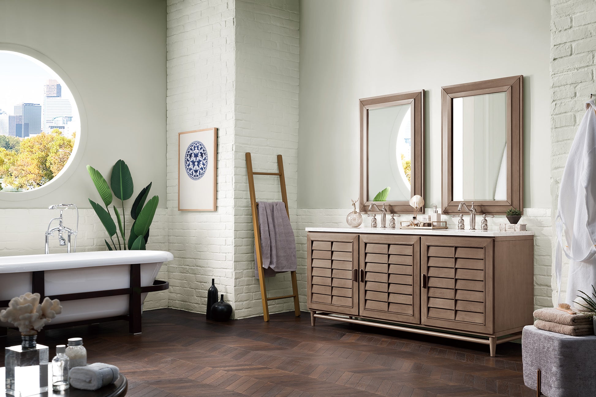Portland 72" Double Vanity Whitewashed Walnut w/ 3 CM Arctic Fall Solid Surface Top James Martin Vanities
