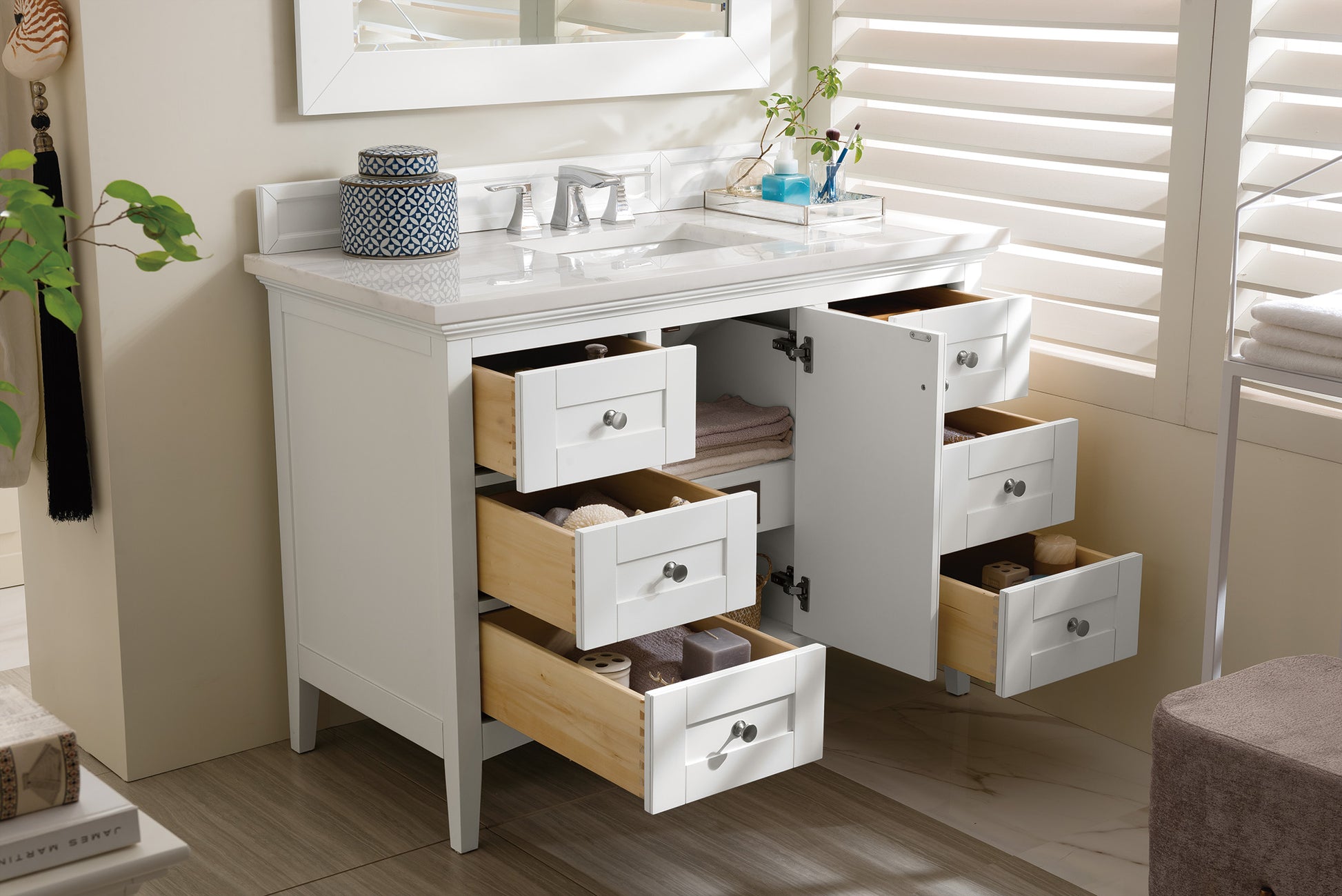 Palisades 48" Single Vanity, Bright  White w/ 3 CM Arctic Fall Solid Surface Top James Martin Vanities