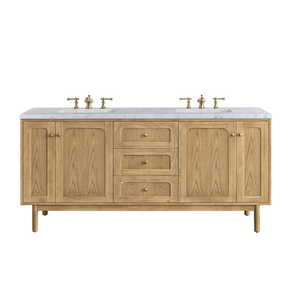 Laurent 72" Double Vanity, Light Natural Oak w/ 3CM Carrara Marble Top James Martin Vanities