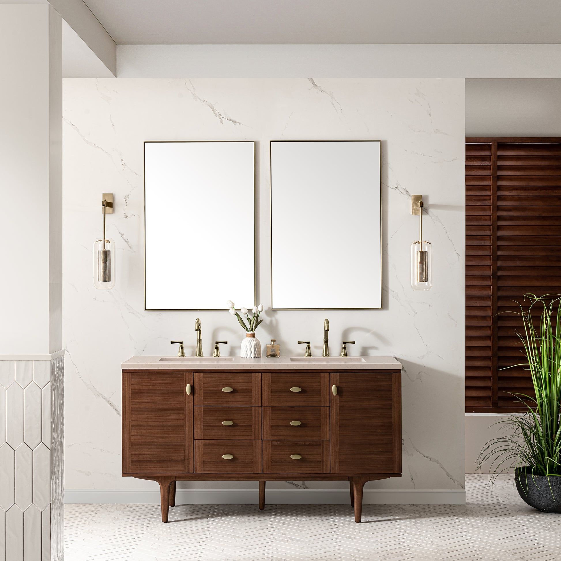 Amberly 60" Double Vanity, Mid-Century Walnut w/ 3CM Eternal Marfil Top James Martin Vanities