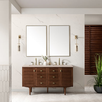 Amberly 60" Double Vanity, Mid-Century Walnut w/ 3CM Eternal Marfil Top James Martin Vanities