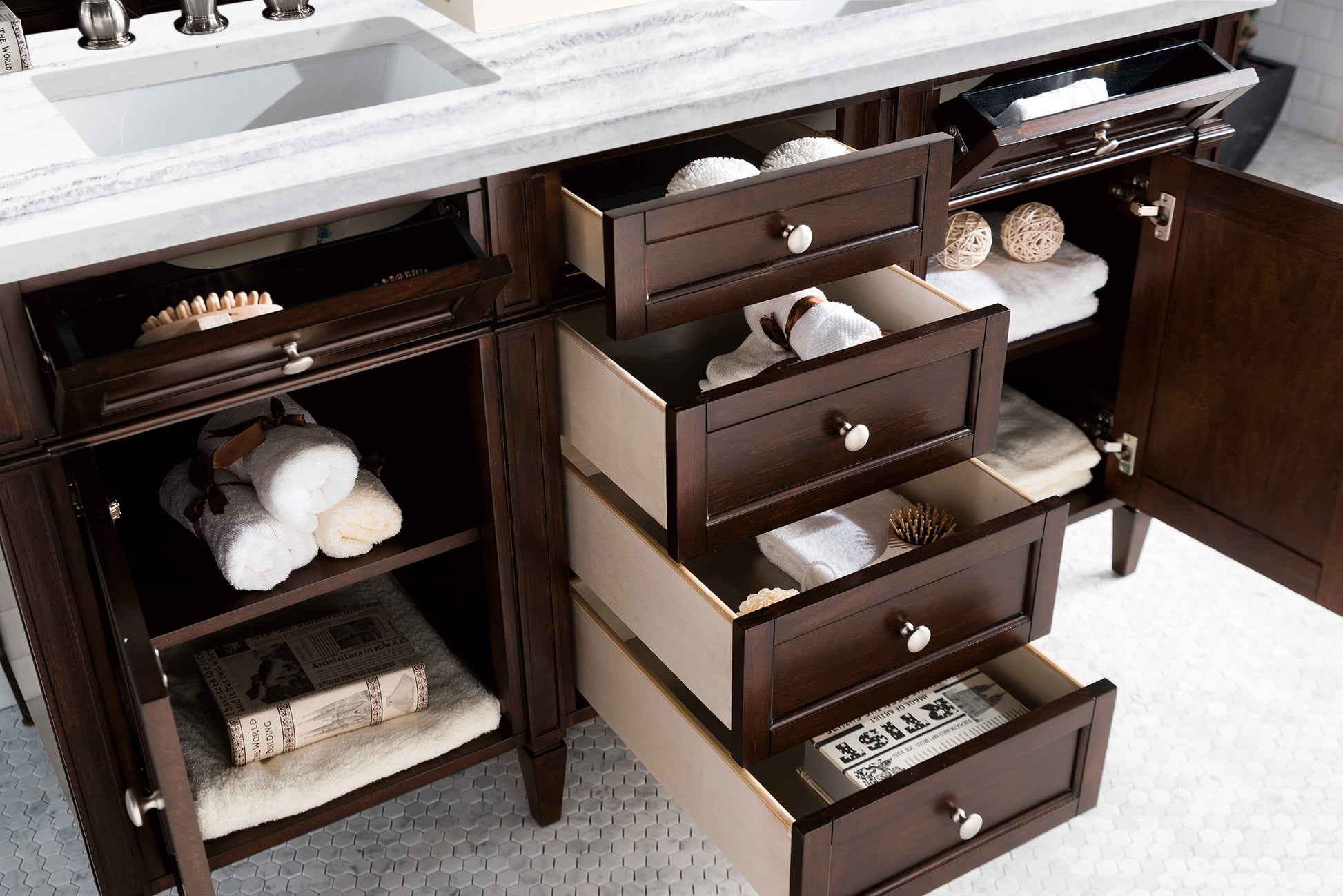 Brittany 60" Burnished Mahogany Double Vanity w/ 3 CM Arctic Fall Solid Surface Top James Martin Vanities