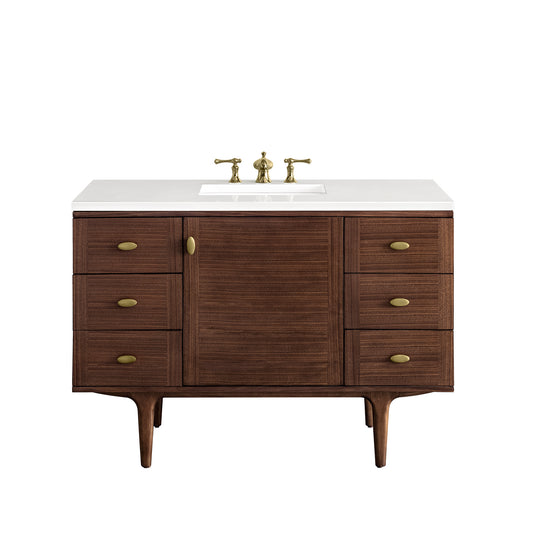 Amberly 48" Single Vanity, Mid-Century Walnut w/ 3CM White Zeus Top James Martin Vanities